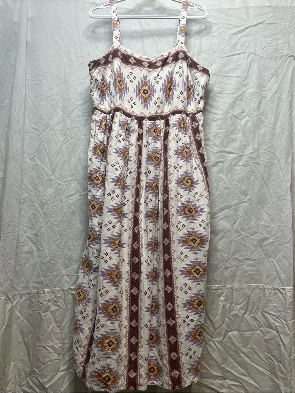 Western Boho Linen Geometric Print Maxi Dress with PocketsTerracotta PurpleCream